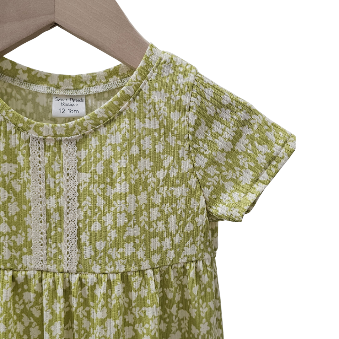 12-18 Mo Spring Green Floral Dress Mini Ribbed Knit
