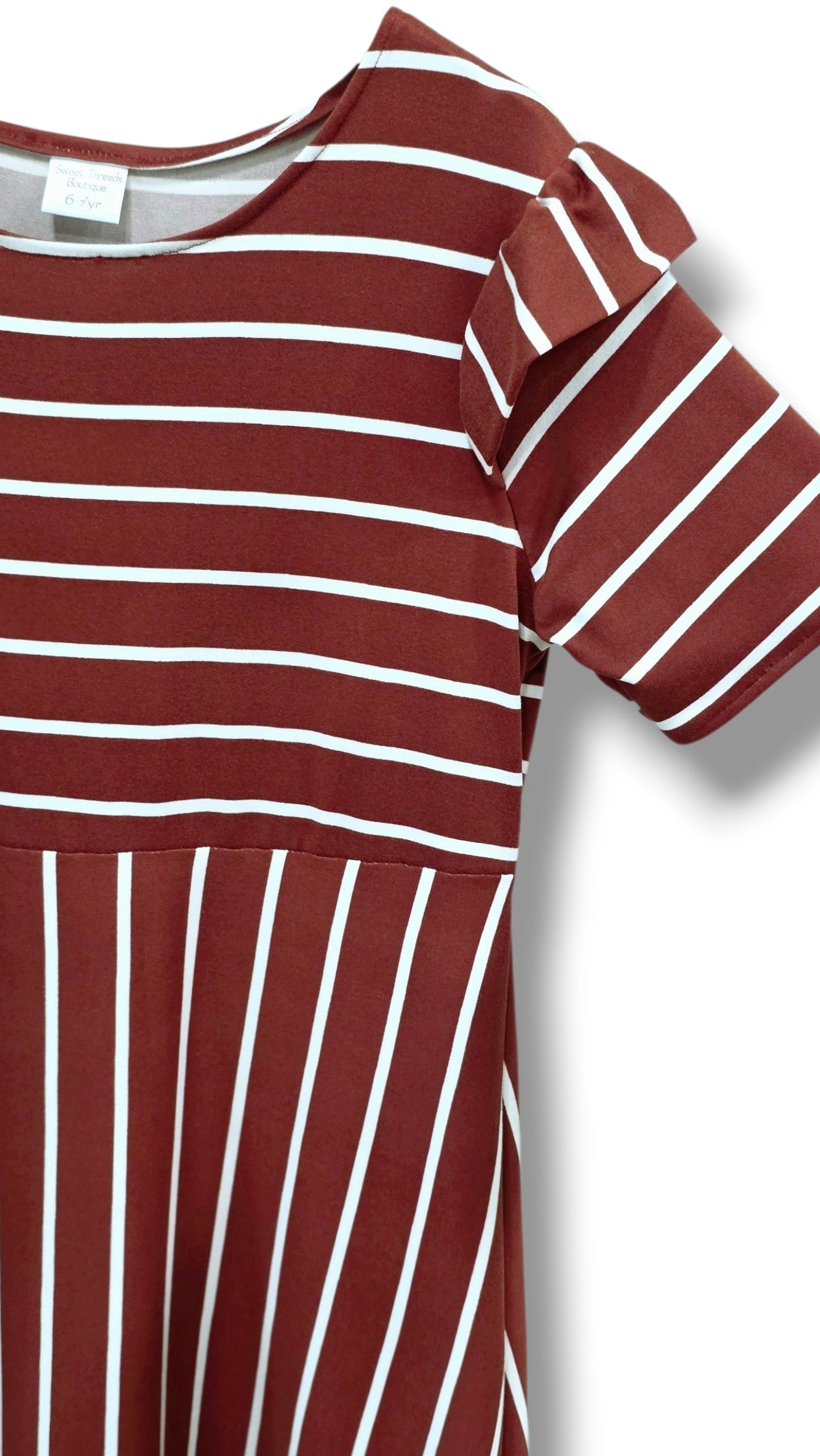 6-7 Yr Single Brushed Poly Terracotta Striped Dress