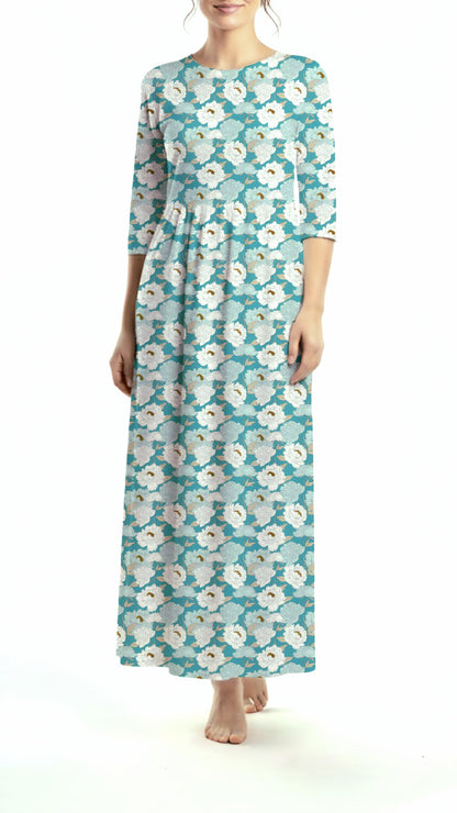 *Unique Design* Tricot Knit Heirloom Peonies Aqua