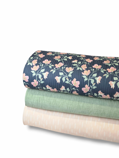 *Unique Design* Cotton Feel Ribbed Knit Peach Florals Navy