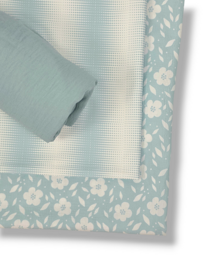 * Unique Design * Crinkled Crepe White Flower Field Aqua