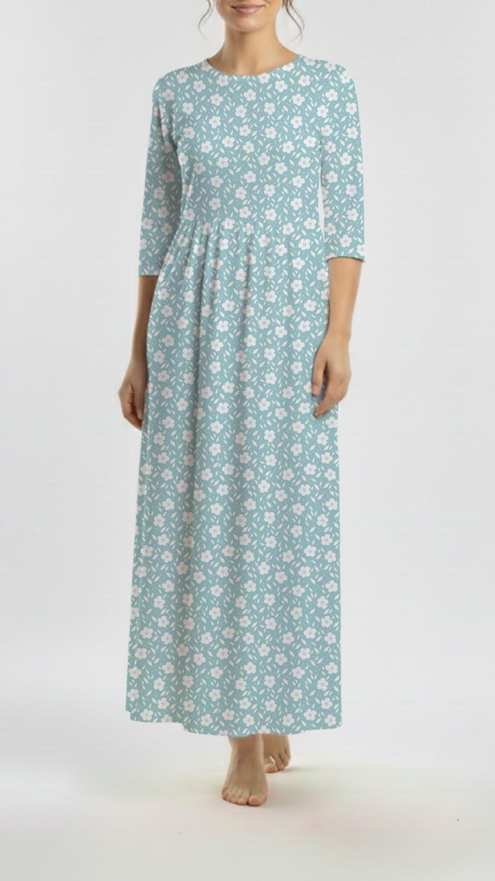 * Unique Design * Crinkled Crepe White Flower Field Aqua