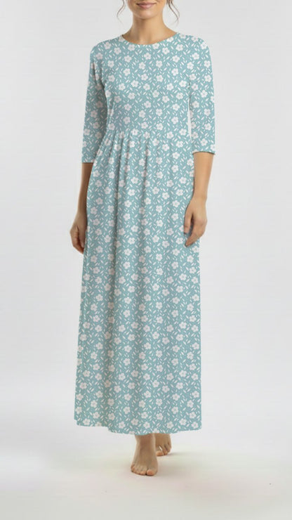 * Unique Design * Crinkled Crepe White Flower Field Aqua