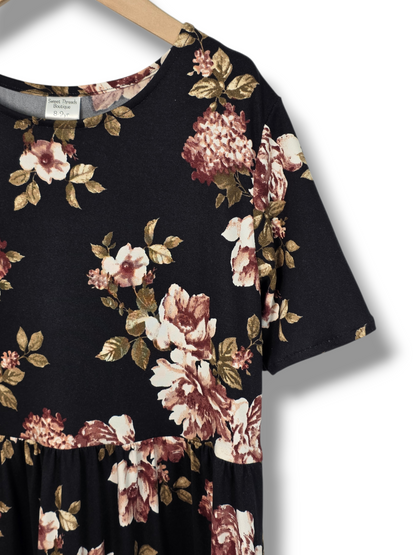8-9 Yr Dress Brushed Poly Burgundy Floral Midnight