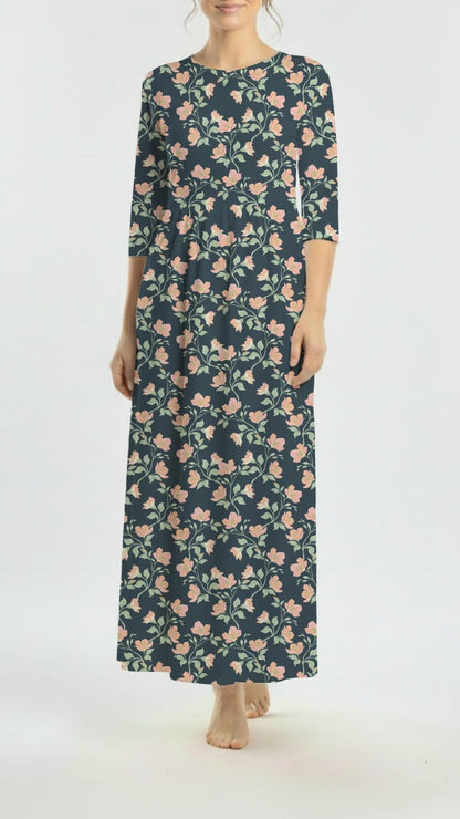 *Unique Design* Cotton Feel Ribbed Knit Peach Florals Navy