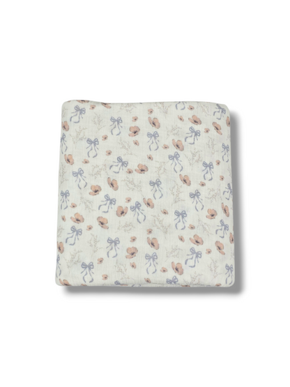 *Unique Design* Cotton Muslin Vintage Bow Blossoms Blue