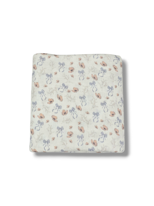 *Unique Design* Cotton Muslin Vintage Bow Blossoms Blue