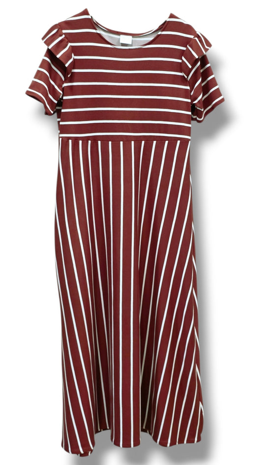6-7 Yr Single Brushed Poly Terracotta Striped Dress