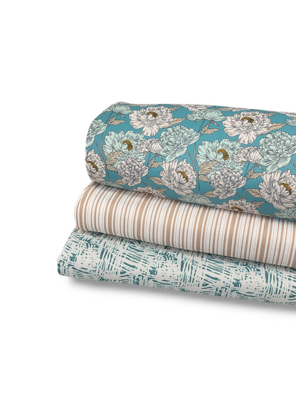 *Unique Design* Tricot Knit Heirloom Peonies Aqua