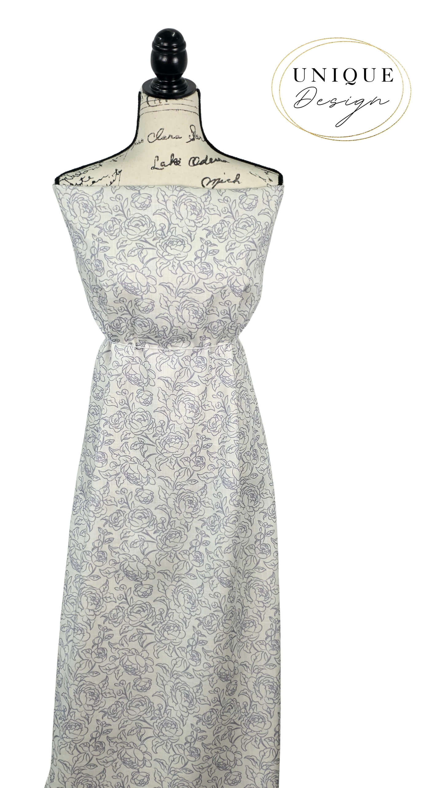 * Unique Design * Linen Whispering Blooms White & Blue
