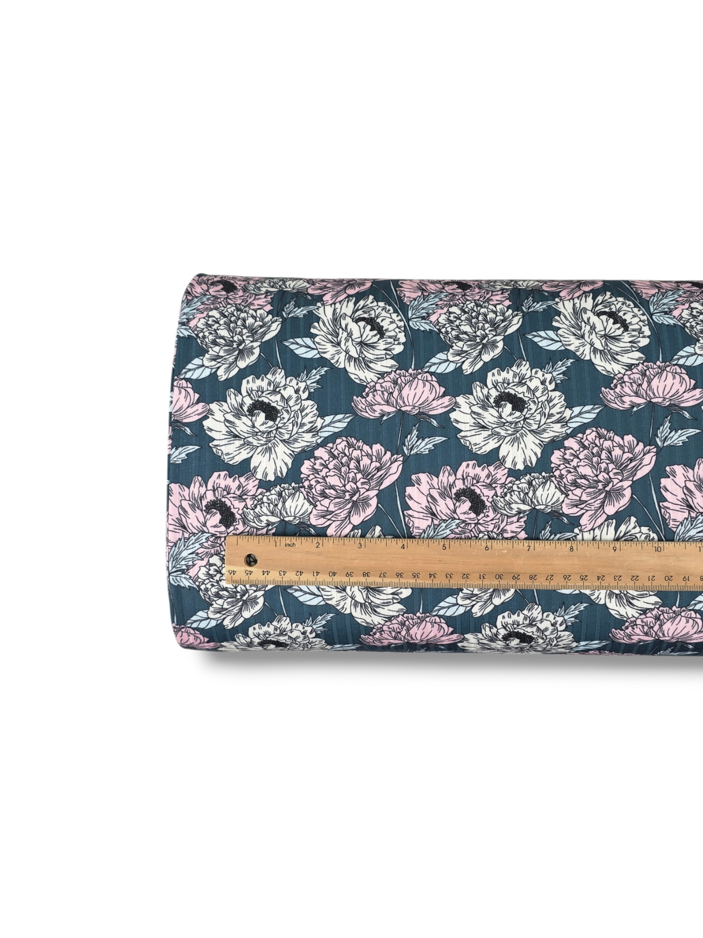 *Unique Design* Ribbed Knit Cotton Feel Heirloom Peonies Dark Blue