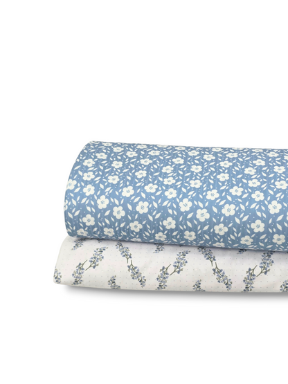 * Unique Design * Ribbed Knit Cotton Feel White Flower Field Blue