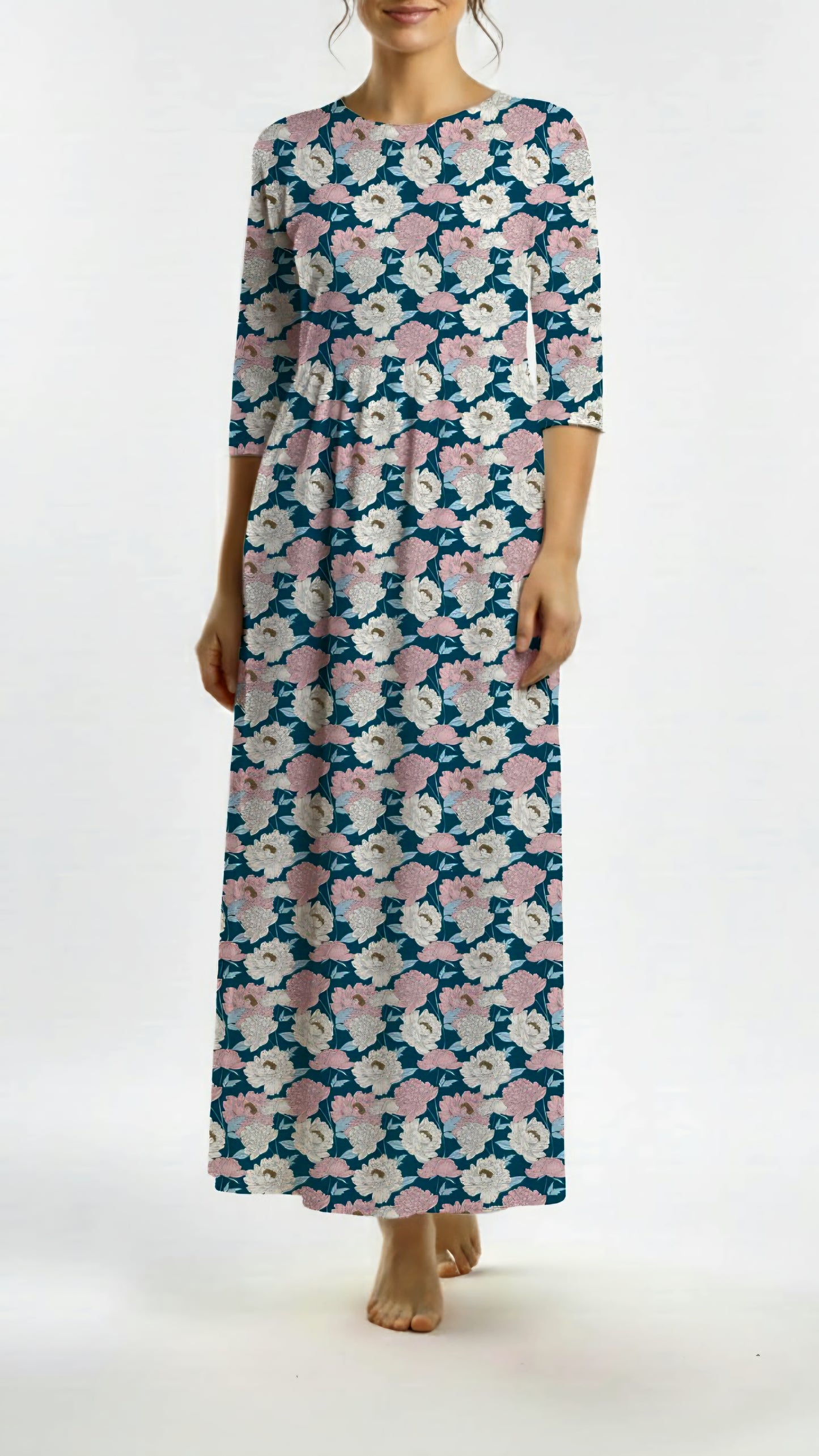 *Unique Design* Ribbed Knit Cotton Feel Heirloom Peonies Dark Blue
