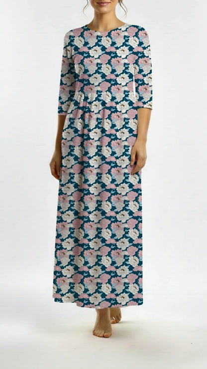 *Unique Design* Ribbed Knit Cotton Feel Heirloom Peonies Dark Blue
