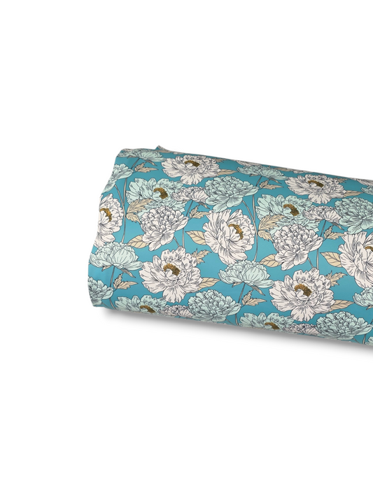 *Unique Design* Tricot Knit Heirloom Peonies Aqua