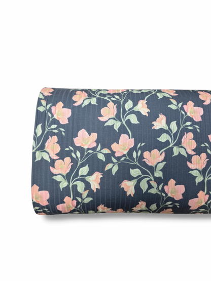 *Unique Design* Cotton Feel Ribbed Knit Peach Florals Navy