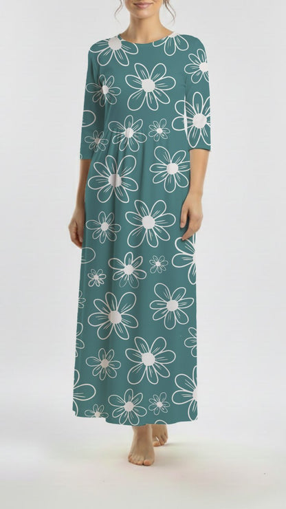 *Unique Design* Willow Ribbed Knit White Retro Daisy Teal
